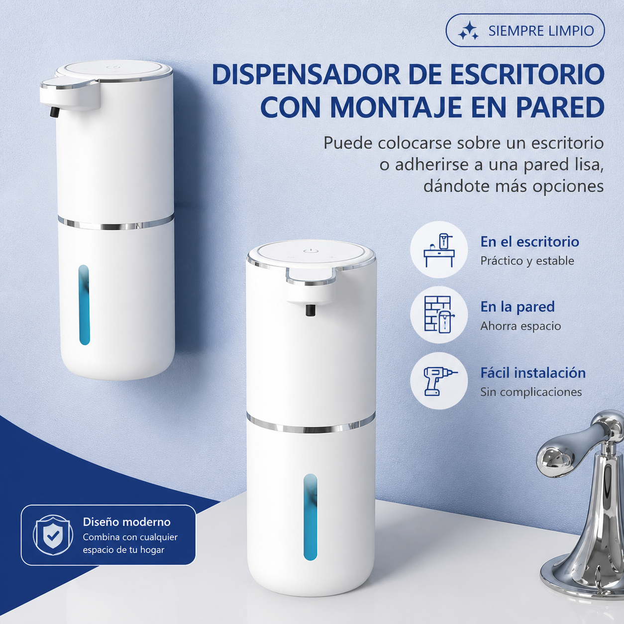 Dispensador Automático de Jabón en Gel – Sensor Inteligente Sin Contacto, Recargable por USB, Instalación en Pared o Lavamanos
