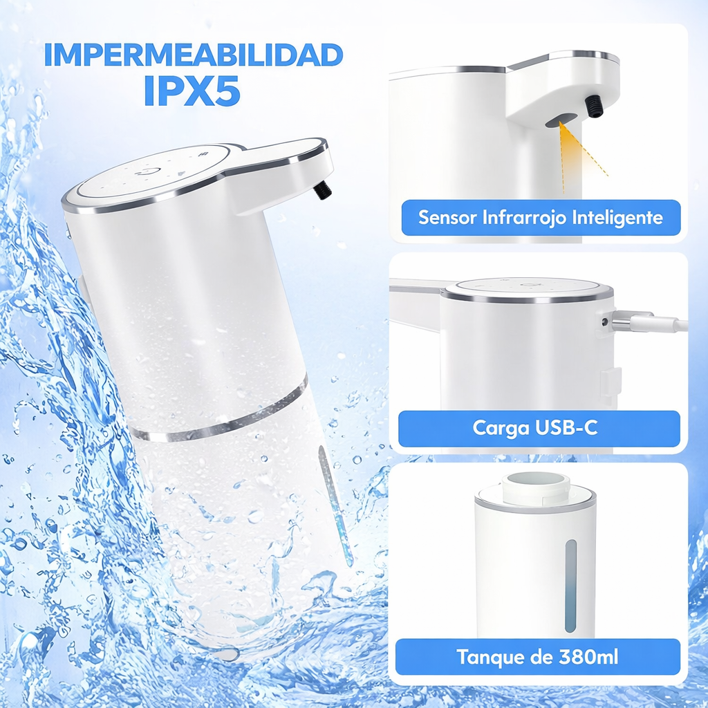 Dispensador Automático de Jabón en Gel – Sensor Inteligente Sin Contacto, Recargable por USB, Instalación en Pared o Lavamanos